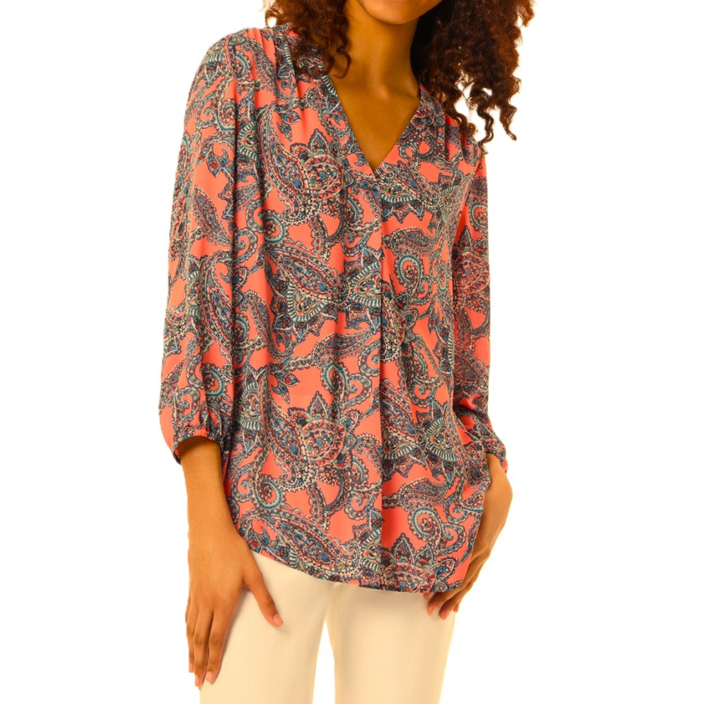 Jones New York Women's Small Petite Coral Printed V-Neck 3/4 Sleeve Top NWT